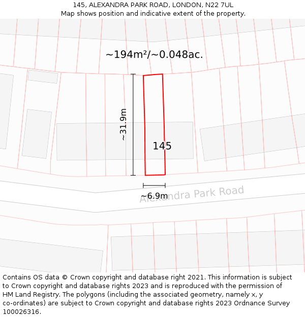 145, ALEXANDRA PARK ROAD, LONDON, N22 7UL: Plot and title map