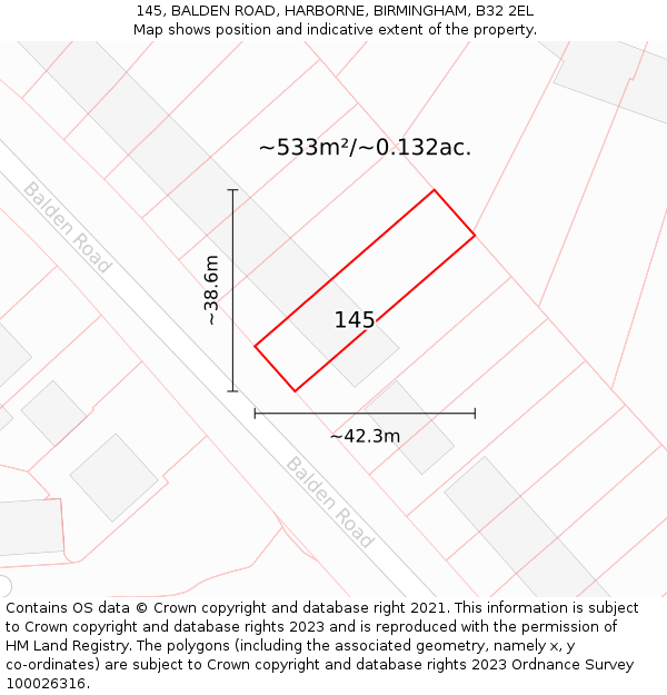 145, BALDEN ROAD, HARBORNE, BIRMINGHAM, B32 2EL: Plot and title map