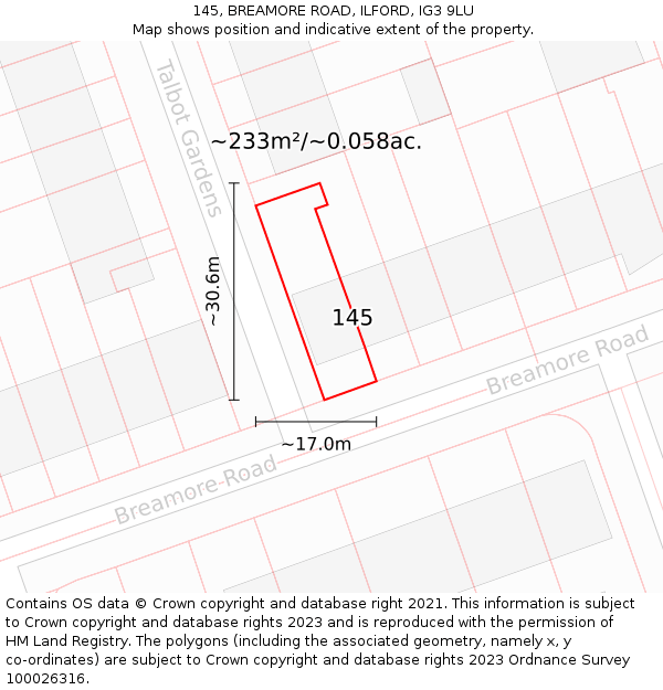 145, BREAMORE ROAD, ILFORD, IG3 9LU: Plot and title map