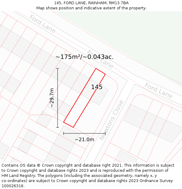 145, FORD LANE, RAINHAM, RM13 7BA: Plot and title map