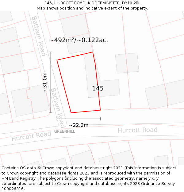 145, HURCOTT ROAD, KIDDERMINSTER, DY10 2RL: Plot and title map