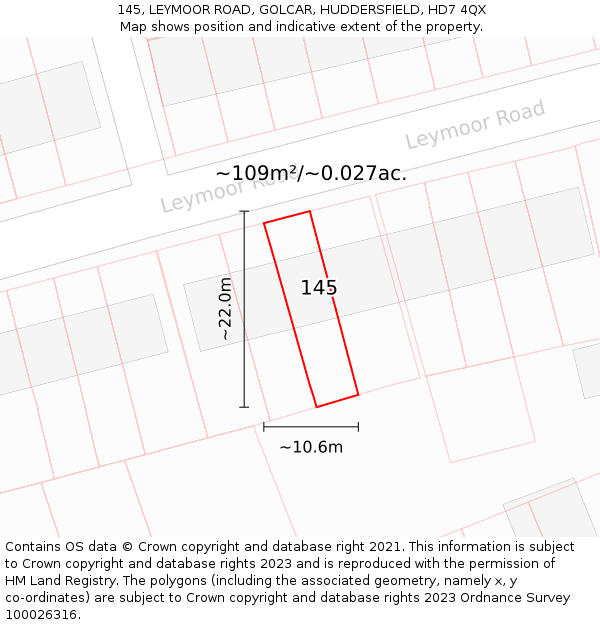 145, LEYMOOR ROAD, GOLCAR, HUDDERSFIELD, HD7 4QX: Plot and title map