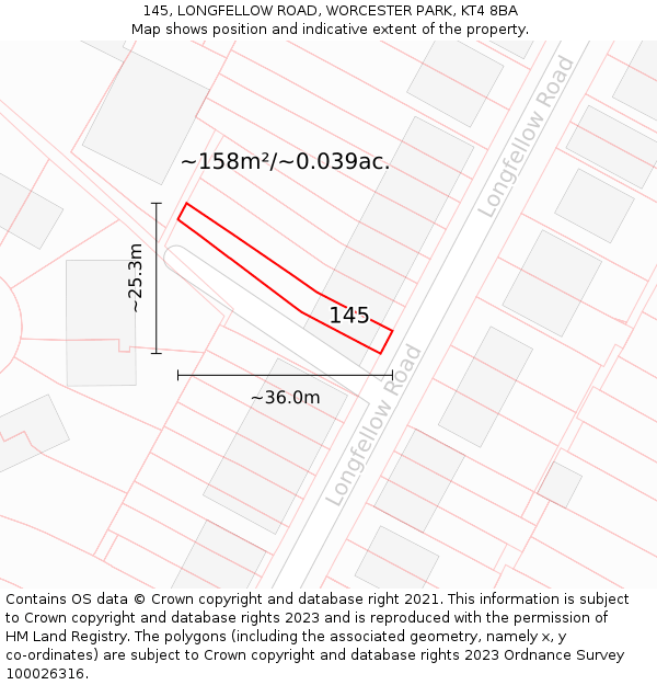 145, LONGFELLOW ROAD, WORCESTER PARK, KT4 8BA: Plot and title map