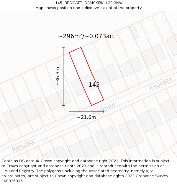 145, REDGATE, ORMSKIRK, L39 3NW: Plot and title map
