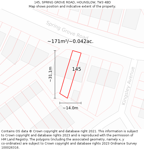145, SPRING GROVE ROAD, HOUNSLOW, TW3 4BD: Plot and title map