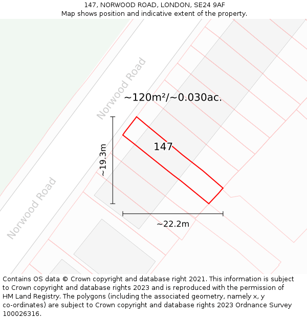 147, NORWOOD ROAD, LONDON, SE24 9AF: Plot and title map