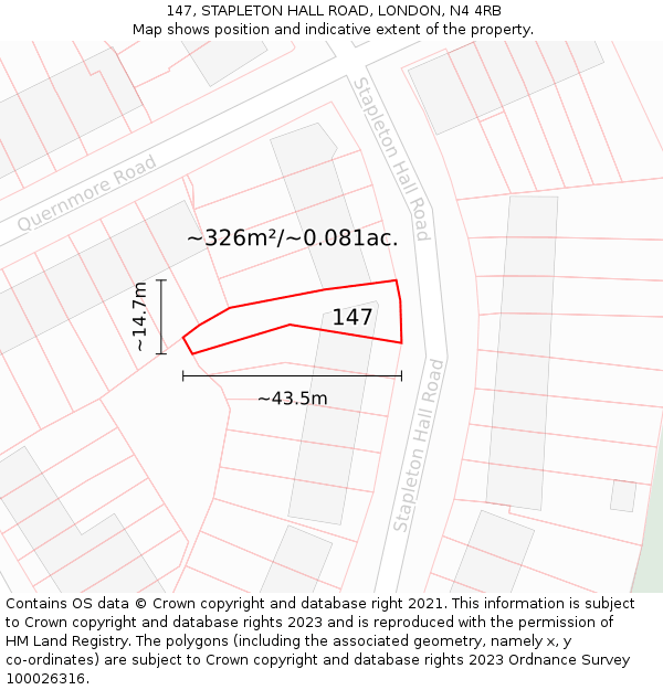 147, STAPLETON HALL ROAD, LONDON, N4 4RB: Plot and title map