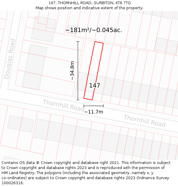 147, THORNHILL ROAD, SURBITON, KT6 7TG: Plot and title map