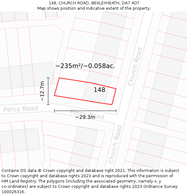 148, CHURCH ROAD, BEXLEYHEATH, DA7 4DT: Plot and title map