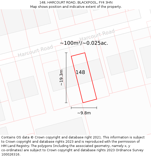 148, HARCOURT ROAD, BLACKPOOL, FY4 3HN: Plot and title map