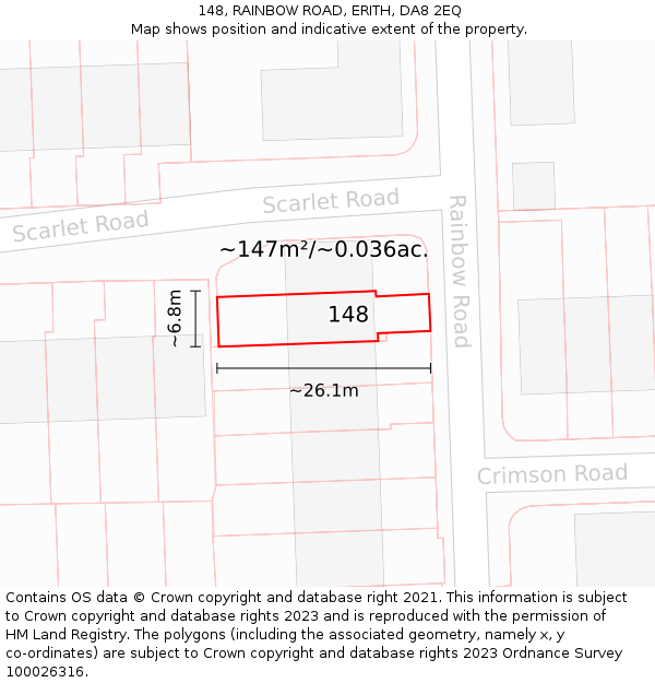 148, RAINBOW ROAD, ERITH, DA8 2EQ: Plot and title map