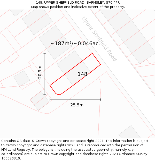 148, UPPER SHEFFIELD ROAD, BARNSLEY, S70 4PR: Plot and title map