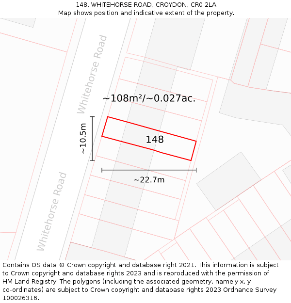 148, WHITEHORSE ROAD, CROYDON, CR0 2LA: Plot and title map