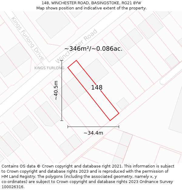 148, WINCHESTER ROAD, BASINGSTOKE, RG21 8YW: Plot and title map