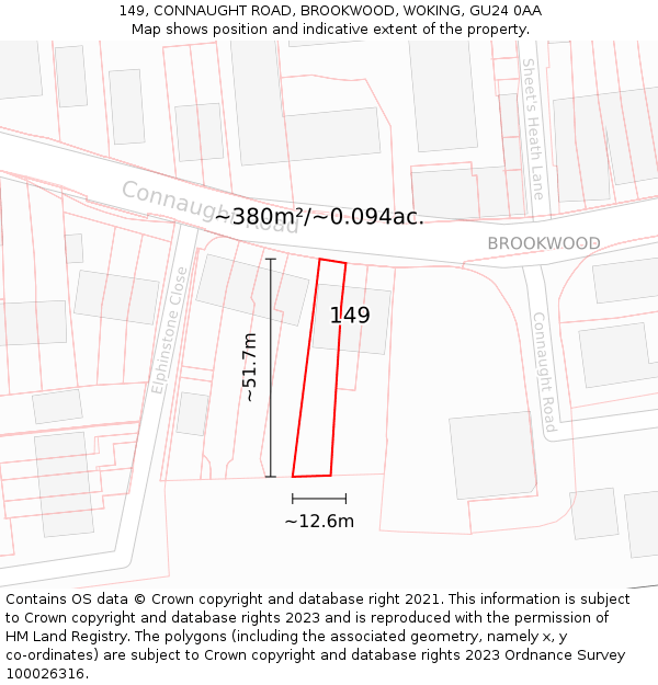 149, CONNAUGHT ROAD, BROOKWOOD, WOKING, GU24 0AA: Plot and title map
