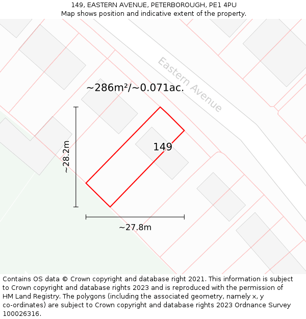 149, EASTERN AVENUE, PETERBOROUGH, PE1 4PU: Plot and title map
