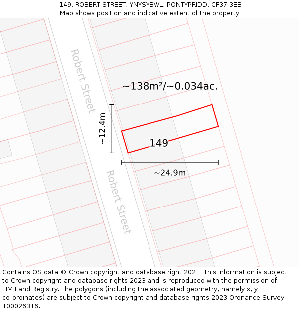 149, ROBERT STREET, YNYSYBWL, PONTYPRIDD, CF37 3EB: Plot and title map