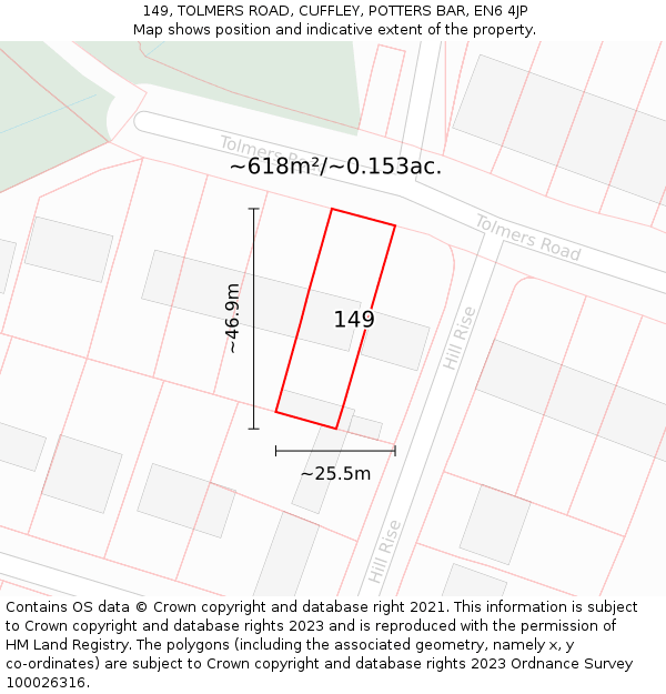 149, TOLMERS ROAD, CUFFLEY, POTTERS BAR, EN6 4JP: Plot and title map