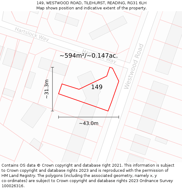 149, WESTWOOD ROAD, TILEHURST, READING, RG31 6LH: Plot and title map