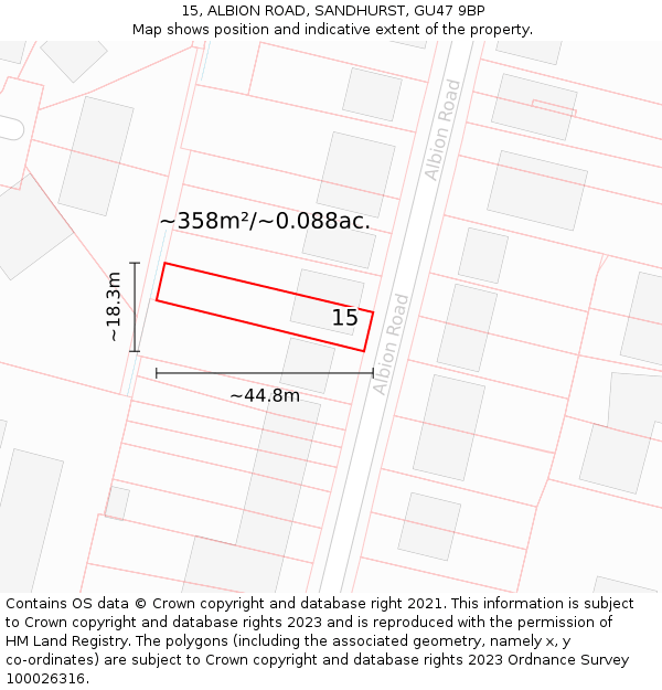 15, ALBION ROAD, SANDHURST, GU47 9BP: Plot and title map