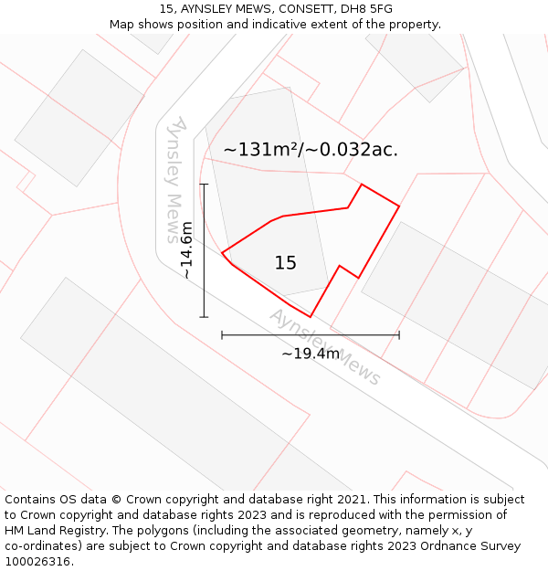 15, AYNSLEY MEWS, CONSETT, DH8 5FG: Plot and title map