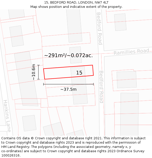 15, BEDFORD ROAD, LONDON, NW7 4LT: Plot and title map