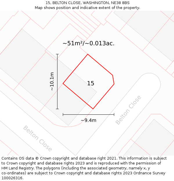 15, BELTON CLOSE, WASHINGTON, NE38 8BS: Plot and title map