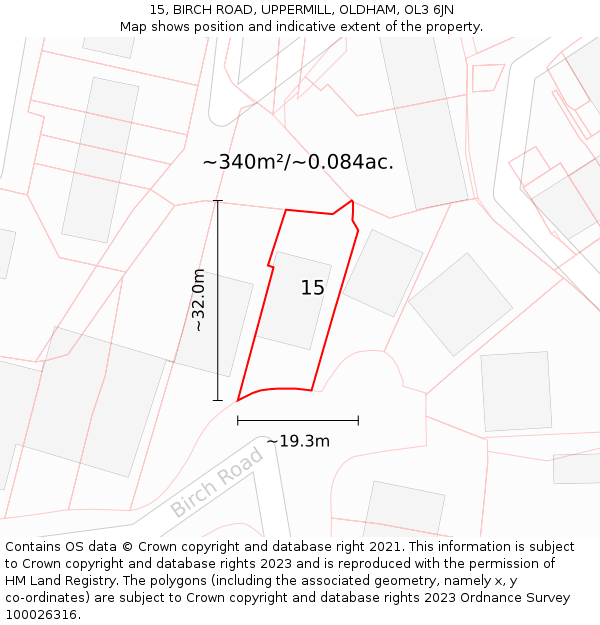 15, BIRCH ROAD, UPPERMILL, OLDHAM, OL3 6JN: Plot and title map