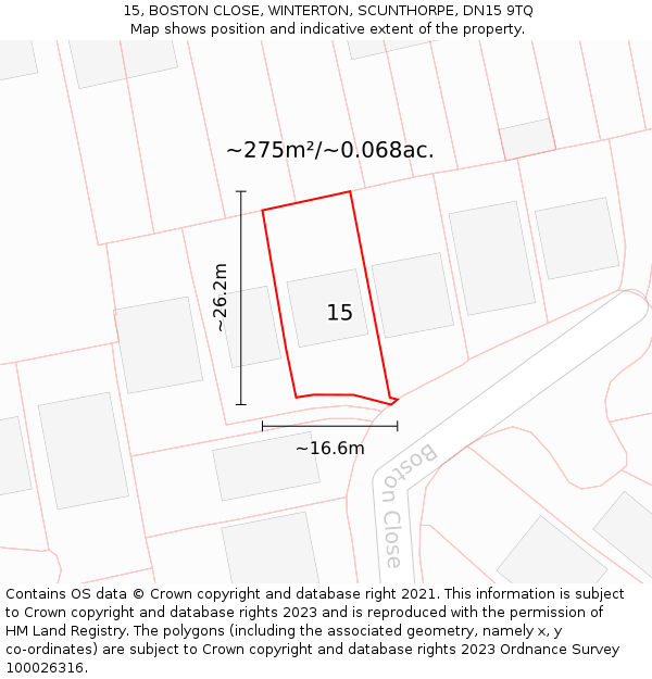 15, BOSTON CLOSE, WINTERTON, SCUNTHORPE, DN15 9TQ: Plot and title map