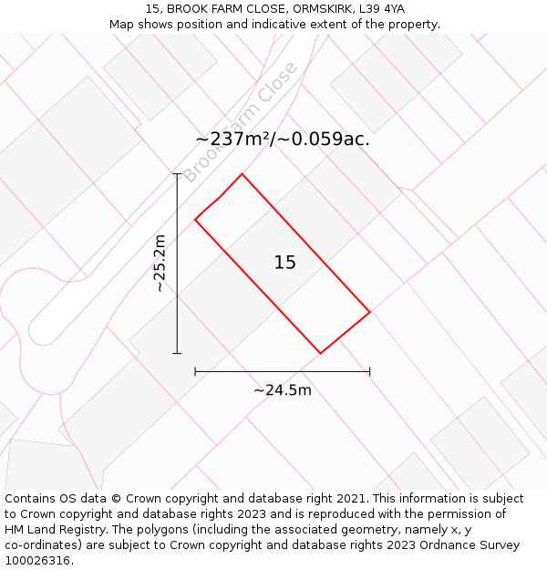 15, BROOK FARM CLOSE, ORMSKIRK, L39 4YA: Plot and title map
