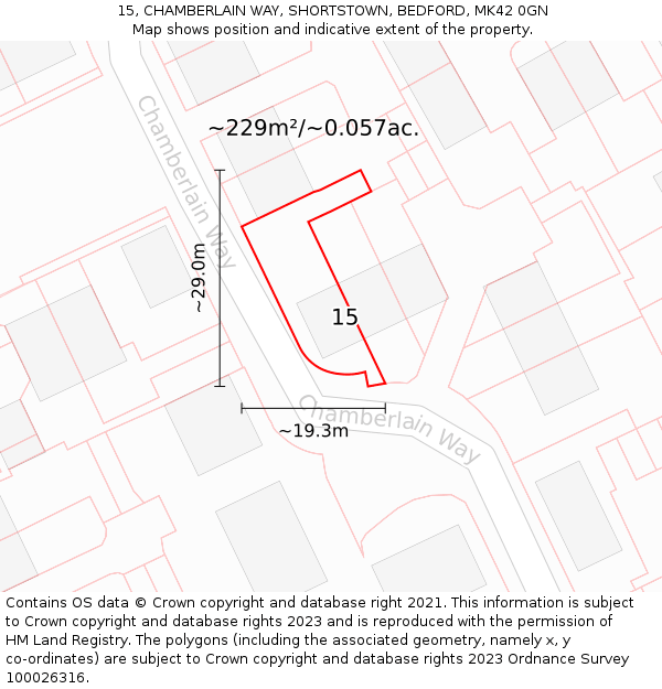 15, CHAMBERLAIN WAY, SHORTSTOWN, BEDFORD, MK42 0GN: Plot and title map