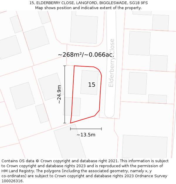 15, ELDERBERRY CLOSE, LANGFORD, BIGGLESWADE, SG18 9FS: Plot and title map