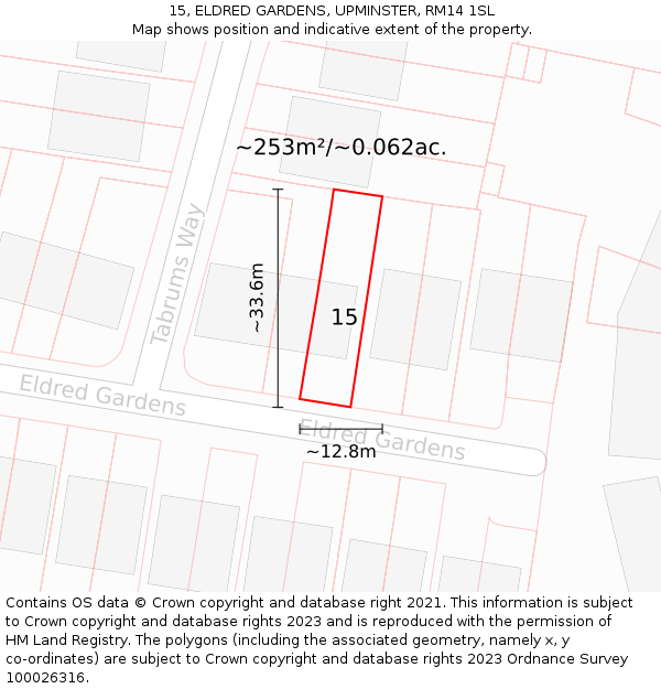 15, ELDRED GARDENS, UPMINSTER, RM14 1SL: Plot and title map