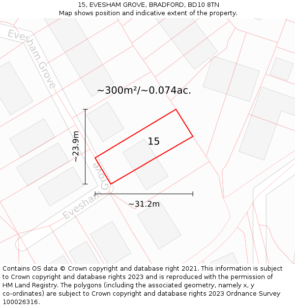 15, EVESHAM GROVE, BRADFORD, BD10 8TN: Plot and title map