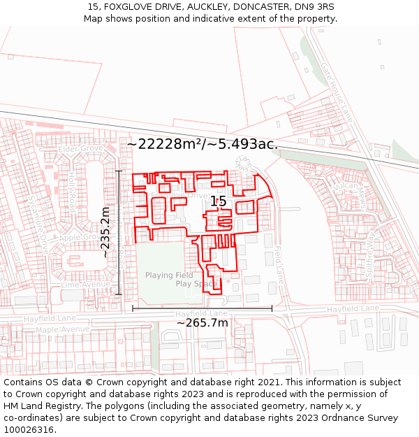 15, FOXGLOVE DRIVE, AUCKLEY, DONCASTER, DN9 3RS: Plot and title map
