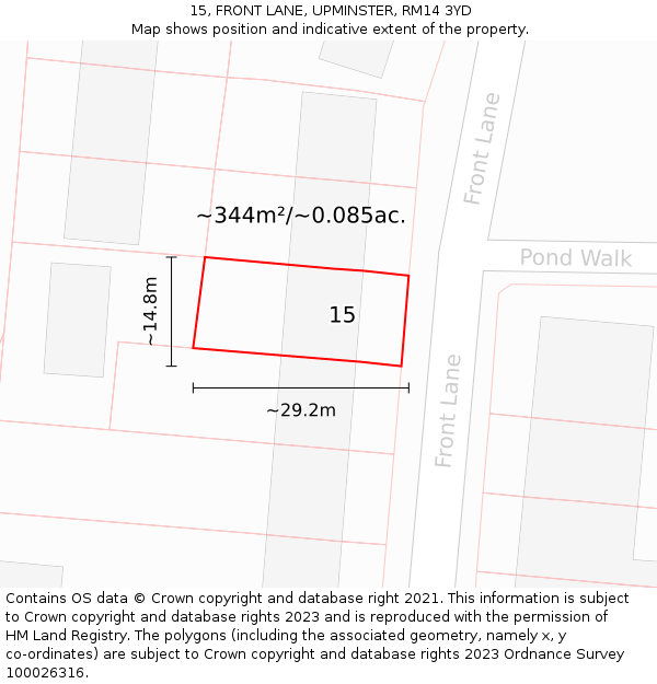 15, FRONT LANE, UPMINSTER, RM14 3YD: Plot and title map
