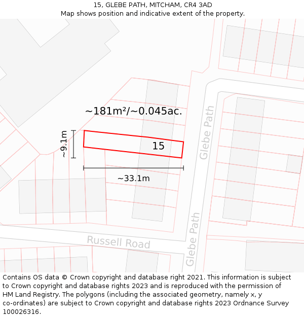 15, GLEBE PATH, MITCHAM, CR4 3AD: Plot and title map