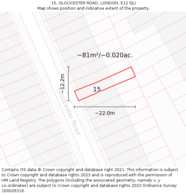 15, GLOUCESTER ROAD, LONDON, E12 5JU: Plot and title map