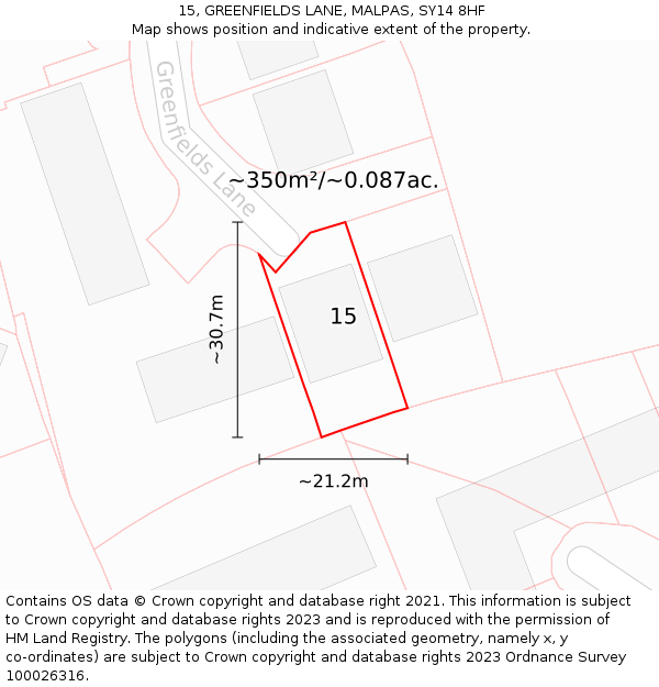 15, GREENFIELDS LANE, MALPAS, SY14 8HF: Plot and title map