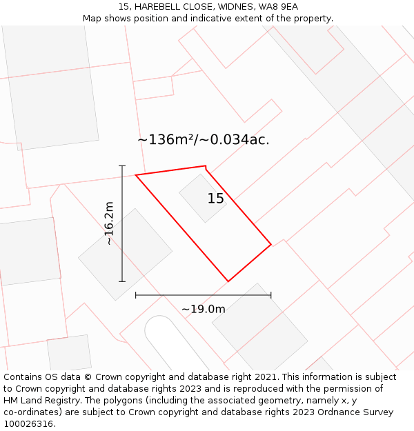 15, HAREBELL CLOSE, WIDNES, WA8 9EA: Plot and title map