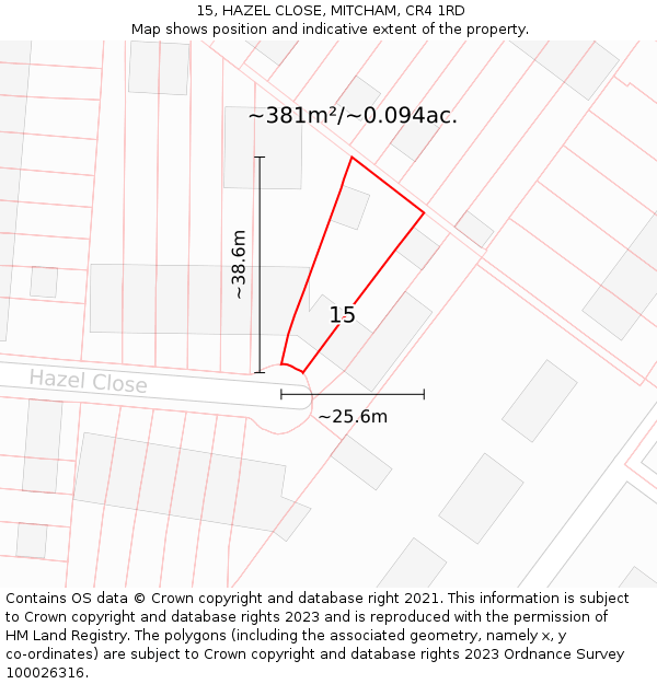 15, HAZEL CLOSE, MITCHAM, CR4 1RD: Plot and title map