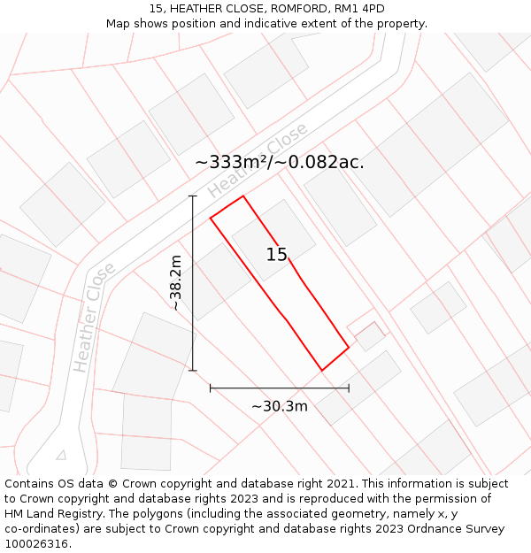 15, HEATHER CLOSE, ROMFORD, RM1 4PD: Plot and title map