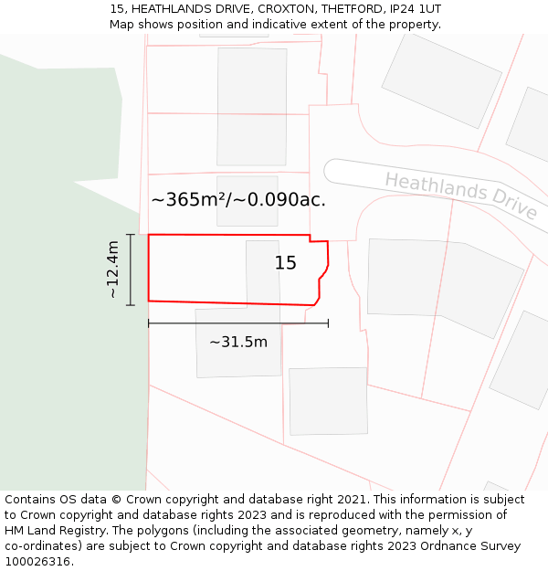 15, HEATHLANDS DRIVE, CROXTON, THETFORD, IP24 1UT: Plot and title map