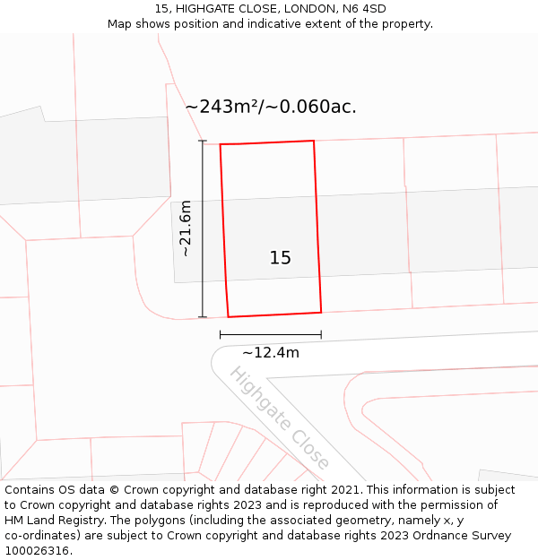 15, HIGHGATE CLOSE, LONDON, N6 4SD: Plot and title map