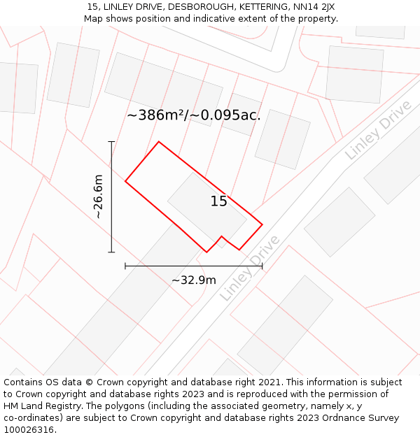 15, LINLEY DRIVE, DESBOROUGH, KETTERING, NN14 2JX: Plot and title map