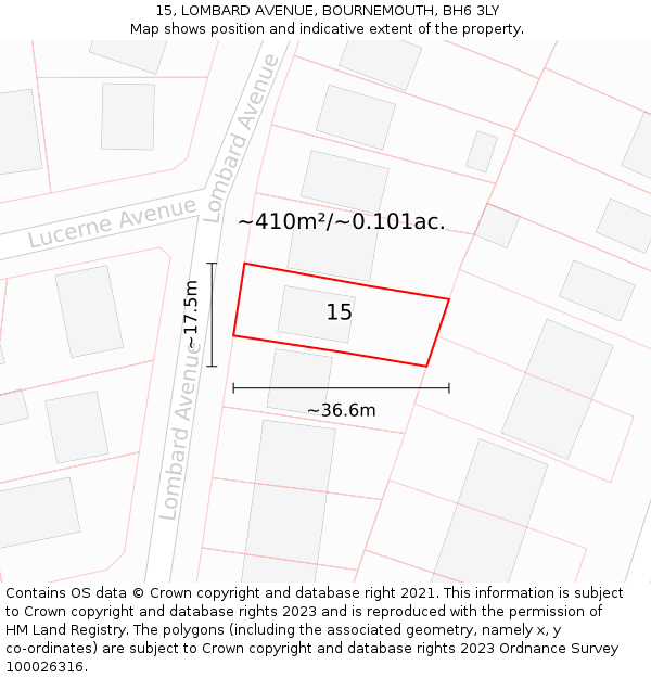 15, LOMBARD AVENUE, BOURNEMOUTH, BH6 3LY: Plot and title map