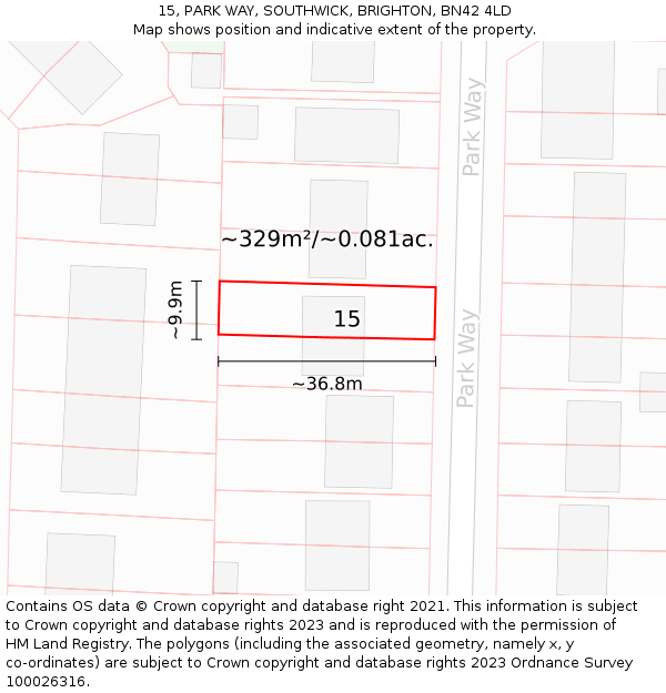 15, PARK WAY, SOUTHWICK, BRIGHTON, BN42 4LD: Plot and title map