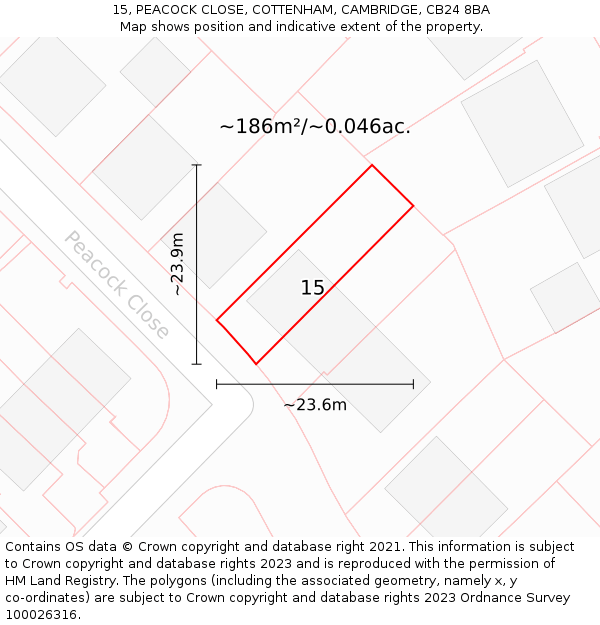 15, PEACOCK CLOSE, COTTENHAM, CAMBRIDGE, CB24 8BA: Plot and title map