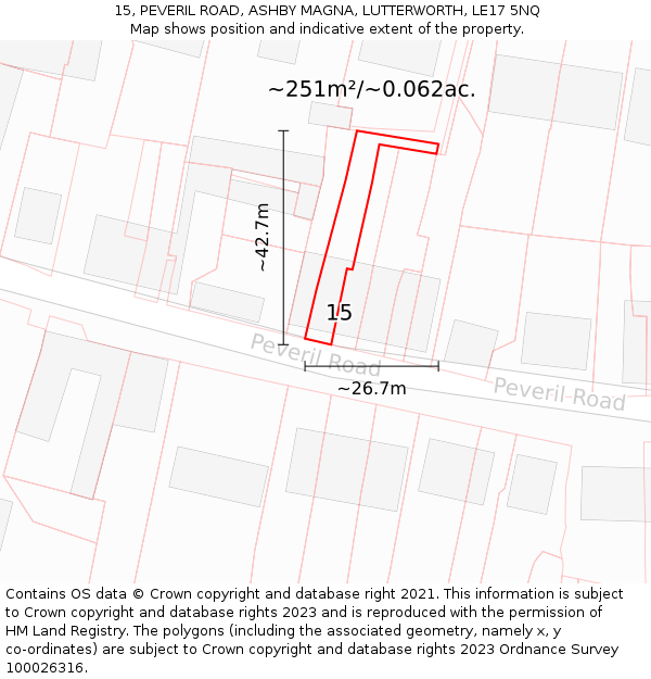 15, PEVERIL ROAD, ASHBY MAGNA, LUTTERWORTH, LE17 5NQ: Plot and title map