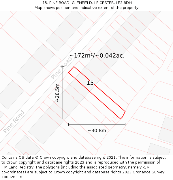 15, PINE ROAD, GLENFIELD, LEICESTER, LE3 8DH: Plot and title map